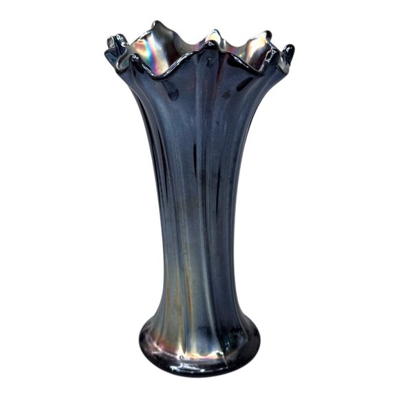 Swung Freefold Carnival Gray Iridescent Blue Black Art Glass Handkerchief Vase 8 - Picture 4 of 7